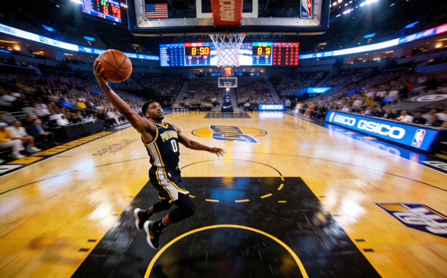 NBA 篮球比赛夜晚场馆内的投篮瞬间，用于篮球资讯配图