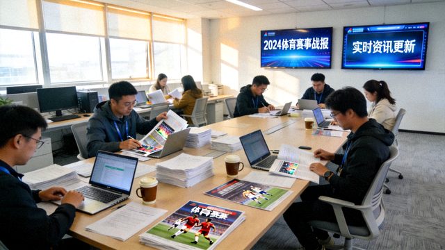 体育新闻编辑室中工作人员整理赛事资讯与战报的场景