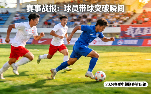 足球比赛中球员带球突破的现场画面，用于赛事战报配图